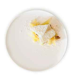 recette Ponthier Chestnut, pear, almond, and yuzu plated dessert PDO Ardèche Chestnut Williams Pear Yuzu 100%